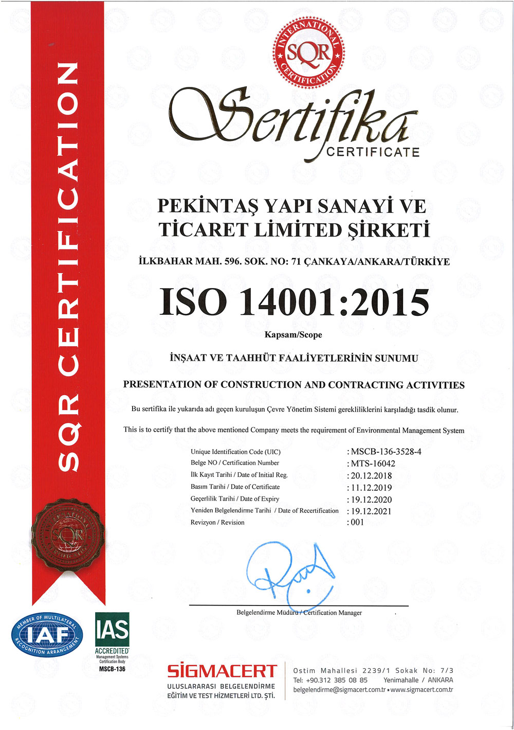 Pekerler İnşaat » Our Certificates